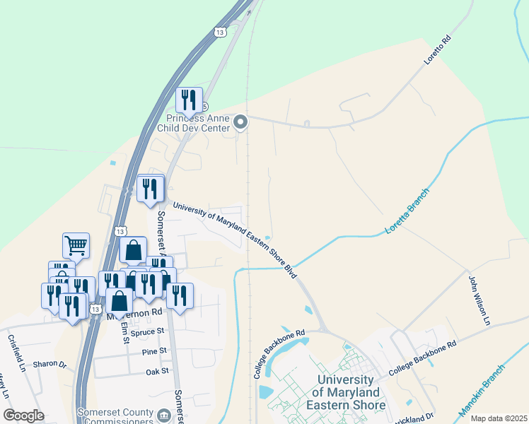map of restaurants, bars, coffee shops, grocery stores, and more near 30630 Umes Boulevard in Princess Anne