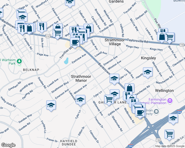 map of restaurants, bars, coffee shops, grocery stores, and more near 2146 Emerson Avenue in Louisville