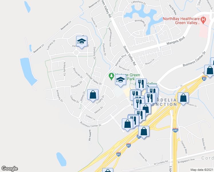 map of restaurants, bars, coffee shops, grocery stores, and more near Vintage Valley Drive & Trophy Drive in Fairfield