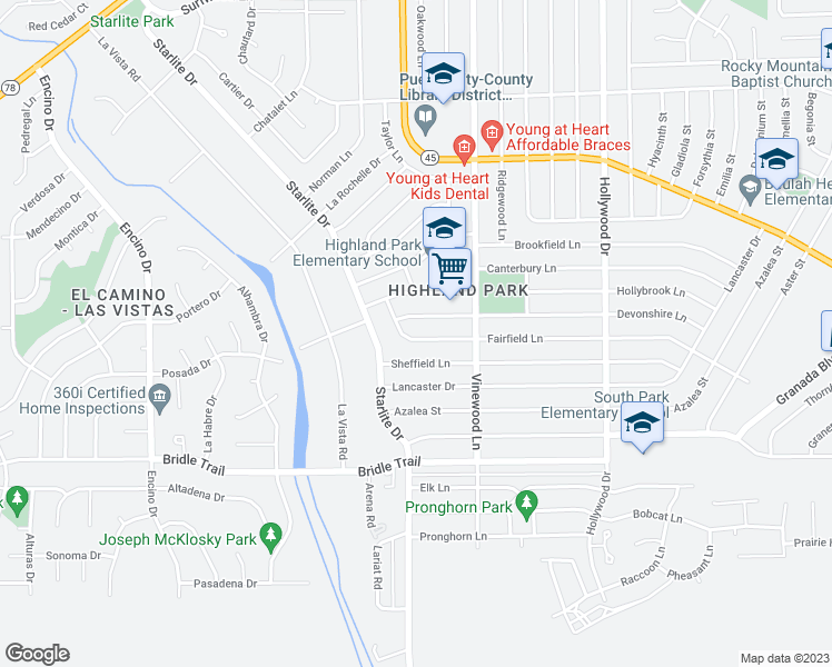 map of restaurants, bars, coffee shops, grocery stores, and more near 3935 Fairfield Lane in Pueblo
