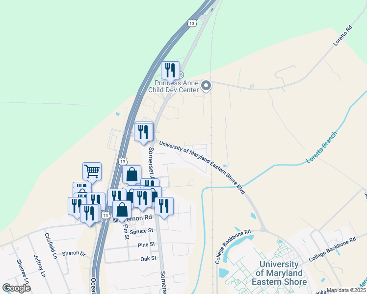 map of restaurants, bars, coffee shops, grocery stores, and more near 5059 Hickory Road in Princess Anne