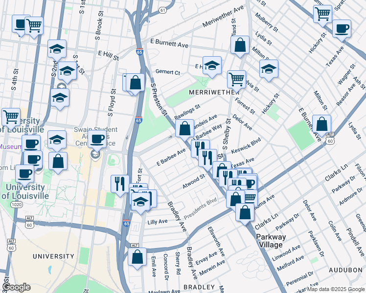 map of restaurants, bars, coffee shops, grocery stores, and more near 630 East Barbee Avenue in Louisville