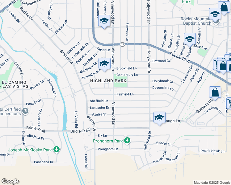 map of restaurants, bars, coffee shops, grocery stores, and more near in Pueblo