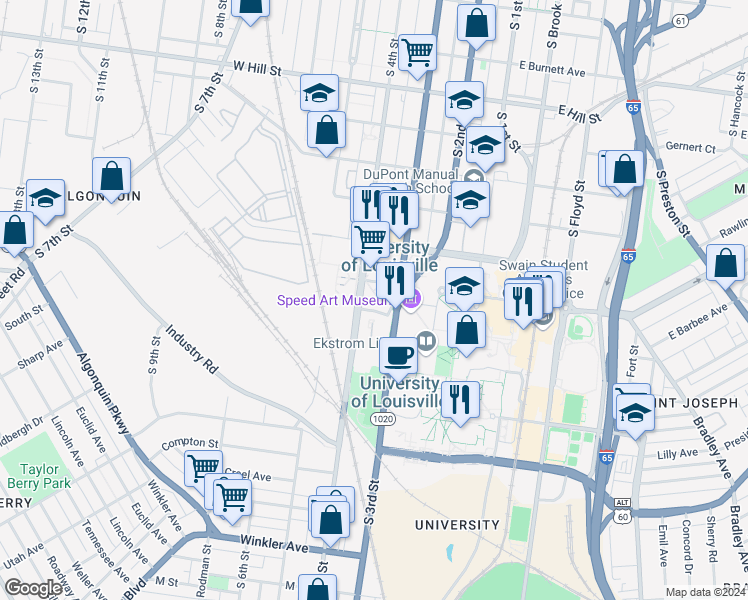 map of restaurants, bars, coffee shops, grocery stores, and more near 370 West Brandeis Avenue in Louisville