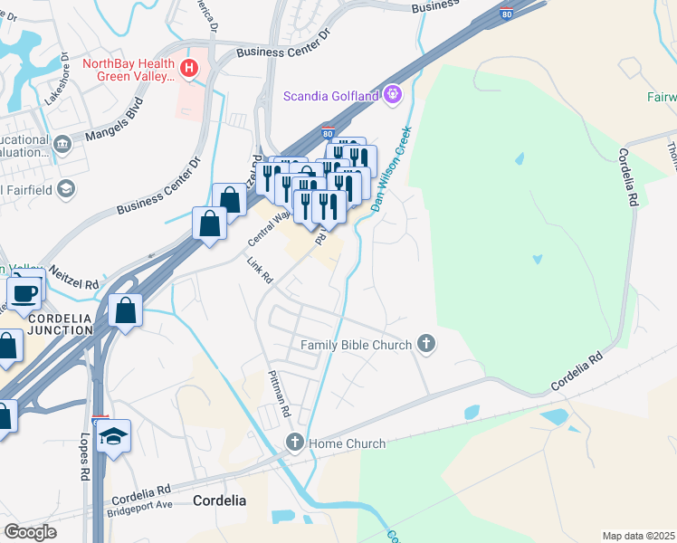map of restaurants, bars, coffee shops, grocery stores, and more near 522 Starwood Court in Fairfield