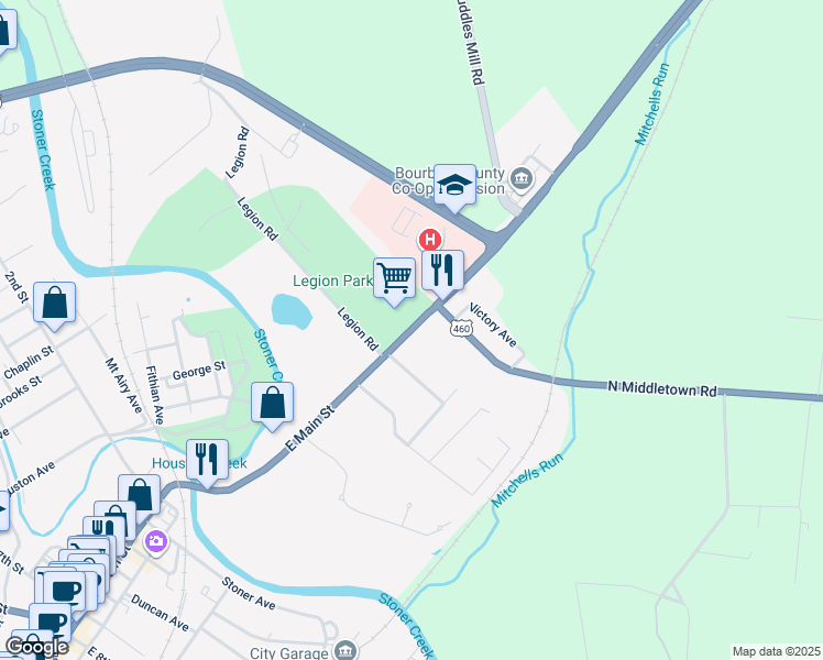 map of restaurants, bars, coffee shops, grocery stores, and more near 301 East Main Street in Paris