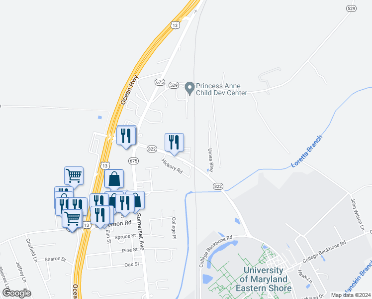 map of restaurants, bars, coffee shops, grocery stores, and more near 30515 Hickory Road in Princess Anne
