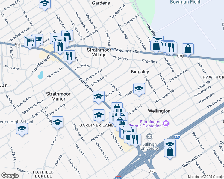 map of restaurants, bars, coffee shops, grocery stores, and more near 2228 Tyler Lane in Louisville