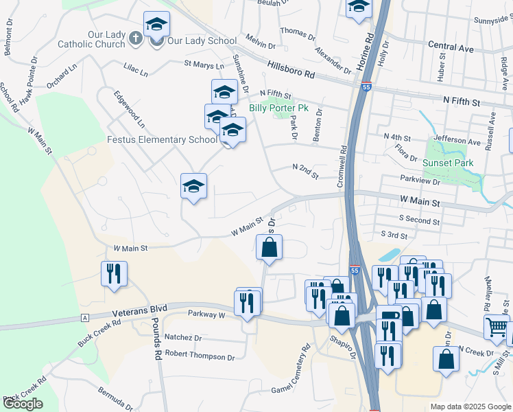 map of restaurants, bars, coffee shops, grocery stores, and more near 1507 West Main Street in Festus