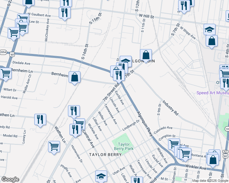 map of restaurants, bars, coffee shops, grocery stores, and more near 1245 Euclid Avenue in Louisville