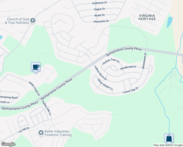 map of restaurants, bars, coffee shops, grocery stores, and more near 5514 Silver Maple Lane in Fredericksburg