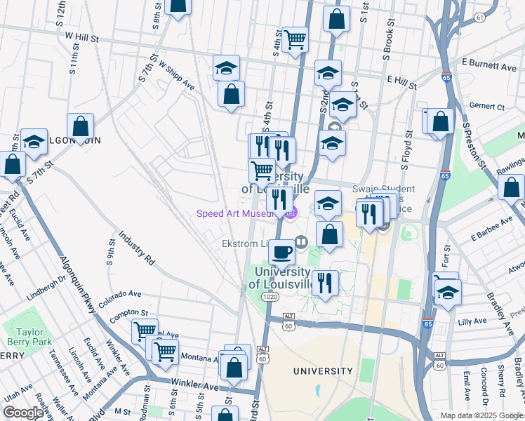 map of restaurants, bars, coffee shops, grocery stores, and more near 318 West Brandeis Avenue in Louisville