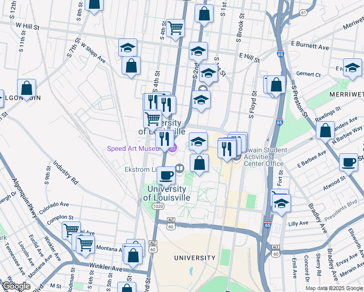 map of restaurants, bars, coffee shops, grocery stores, and more near 110 West Brandeis Avenue in Louisville