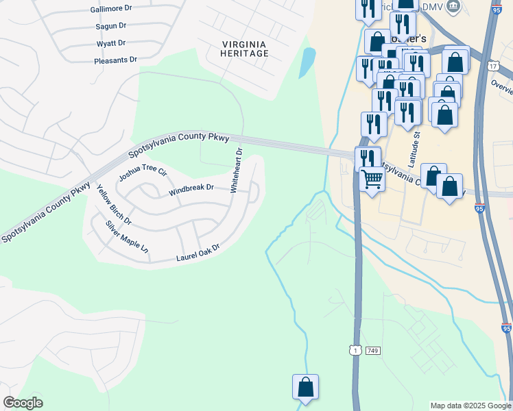 map of restaurants, bars, coffee shops, grocery stores, and more near 5103 Gray Oak Circle in Fredericksburg