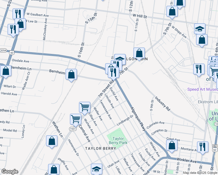 map of restaurants, bars, coffee shops, grocery stores, and more near 1245 Euclid Avenue in Louisville