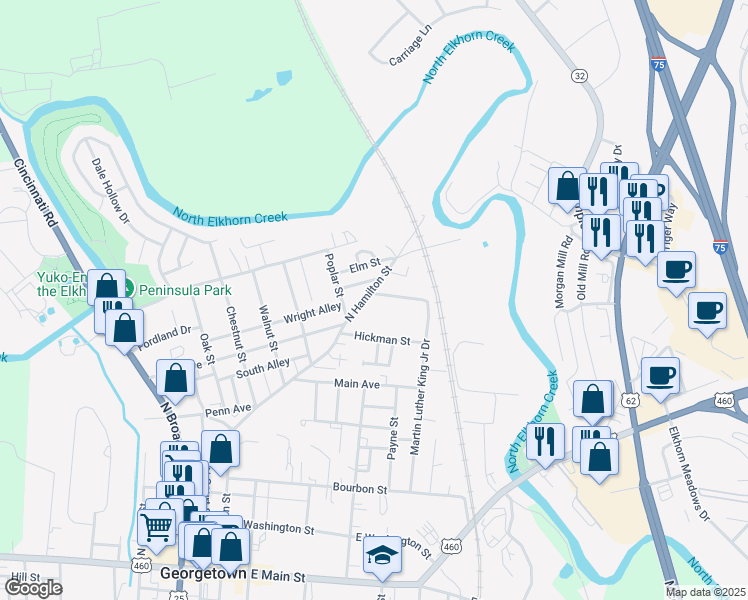map of restaurants, bars, coffee shops, grocery stores, and more near 714 North Hamilton Street in Georgetown