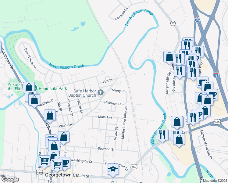 map of restaurants, bars, coffee shops, grocery stores, and more near 305 Young Street in Georgetown