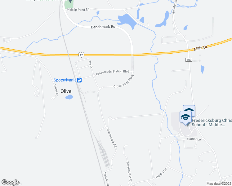 map of restaurants, bars, coffee shops, grocery stores, and more near 9465 Crossroads Parkway in Fredericksburg