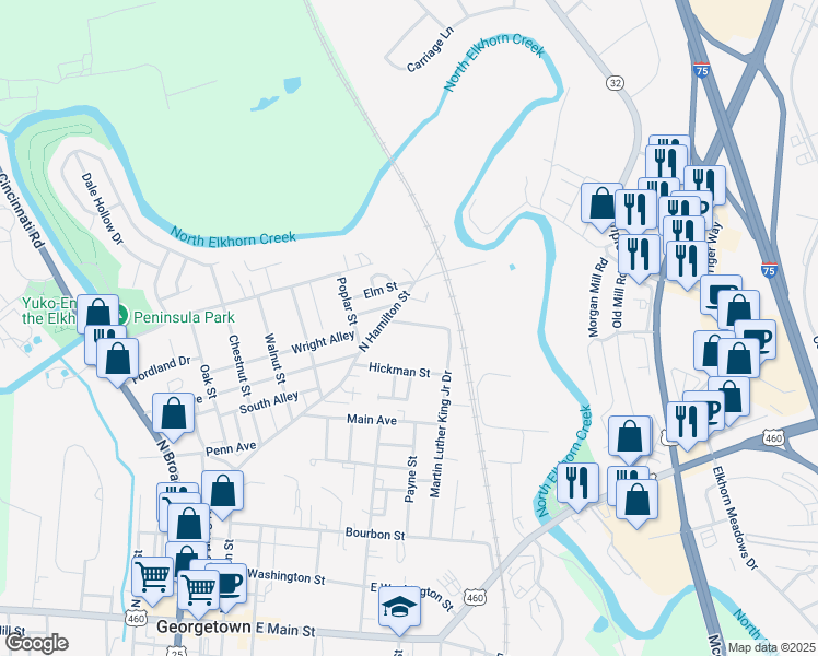 map of restaurants, bars, coffee shops, grocery stores, and more near 305 Young Street in Georgetown