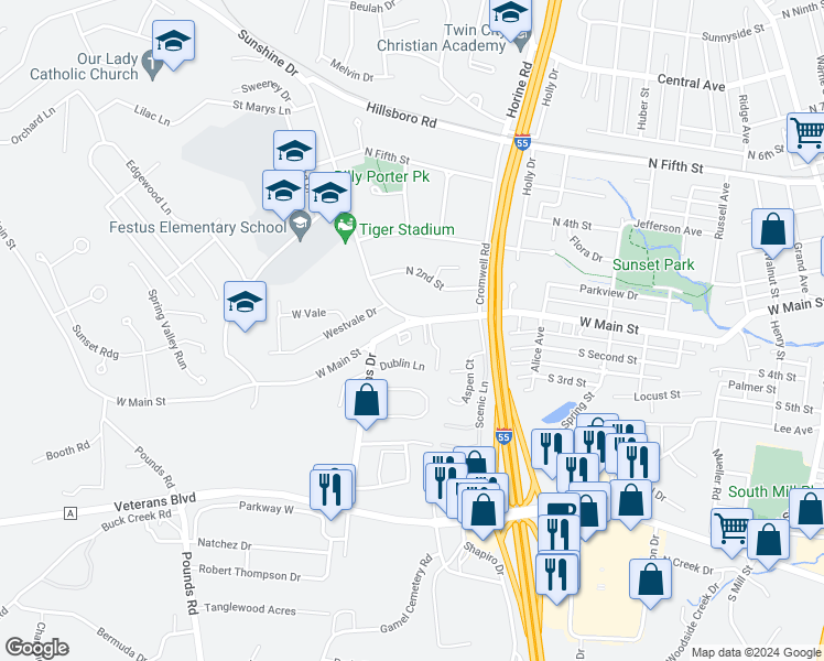 map of restaurants, bars, coffee shops, grocery stores, and more near 107 Colonial Drive in Festus