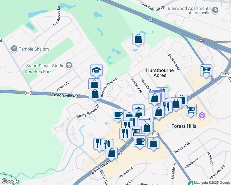 map of restaurants, bars, coffee shops, grocery stores, and more near 8906 Elks Bluff Drive in Louisville