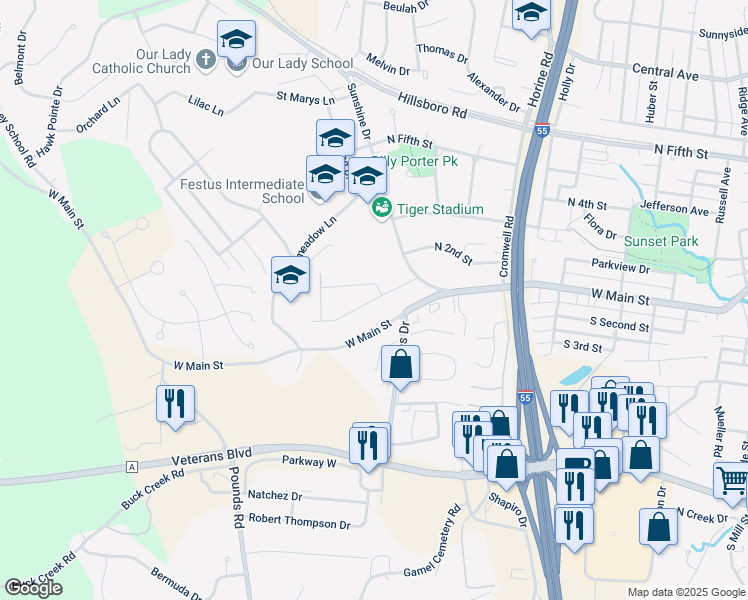 map of restaurants, bars, coffee shops, grocery stores, and more near 1507 West Main Street in Festus
