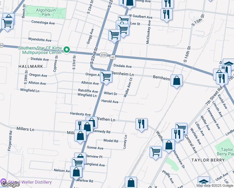 map of restaurants, bars, coffee shops, grocery stores, and more near Wilart Drive in Louisville