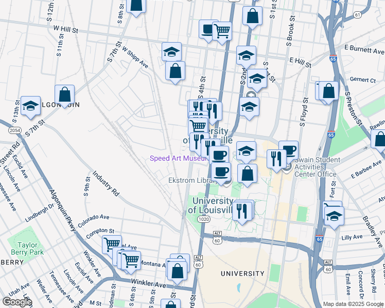 map of restaurants, bars, coffee shops, grocery stores, and more near 2030 South 4th Street in Louisville