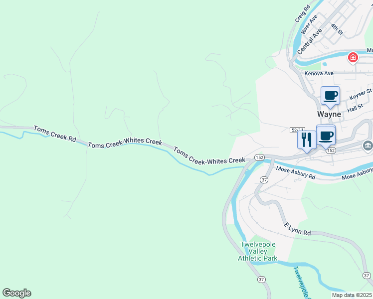 map of restaurants, bars, coffee shops, grocery stores, and more near Toms Creek-Whites Creek in Wayne
