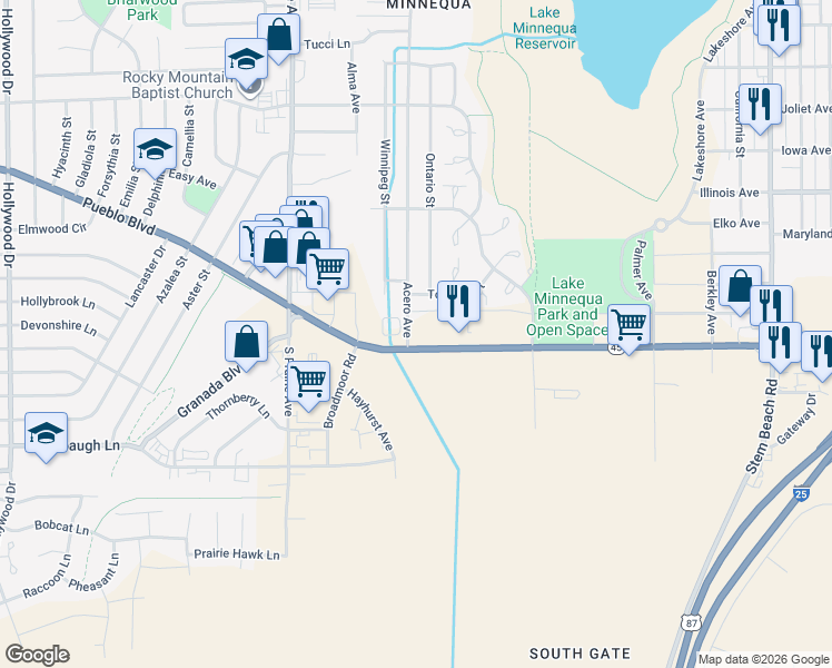 map of restaurants, bars, coffee shops, grocery stores, and more near 2285 West Pueblo Boulevard in Pueblo