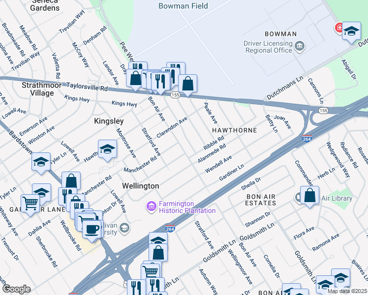 map of restaurants, bars, coffee shops, grocery stores, and more near 3037 Bon Air Avenue in Louisville