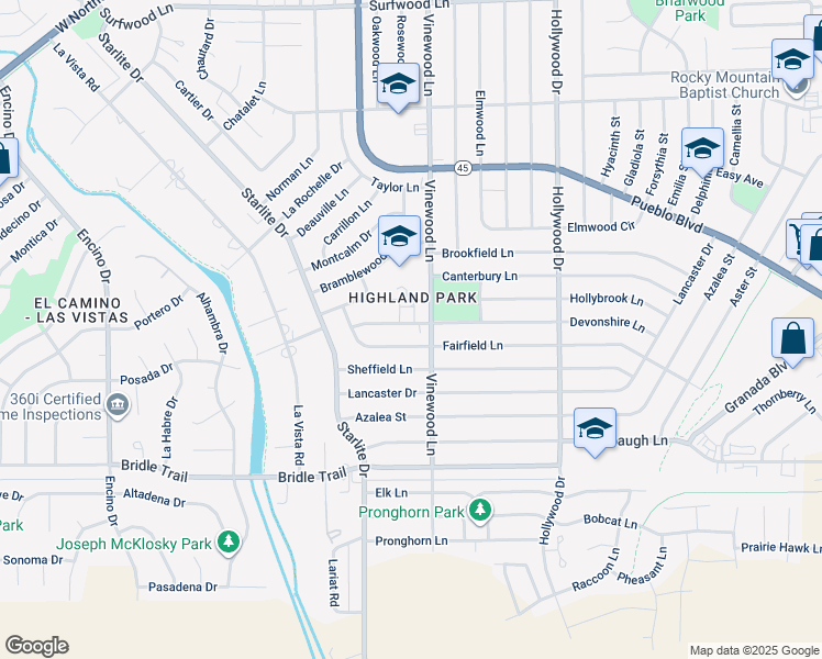 map of restaurants, bars, coffee shops, grocery stores, and more near 3926 Fairfield Lane in Pueblo