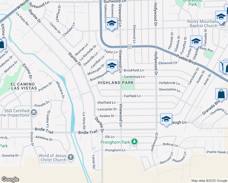 map of restaurants, bars, coffee shops, grocery stores, and more near 3926 Fairfield Lane in Pueblo