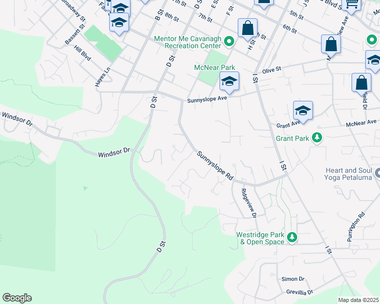 map of restaurants, bars, coffee shops, grocery stores, and more near 102 Suncrest Hill Drive in Petaluma
