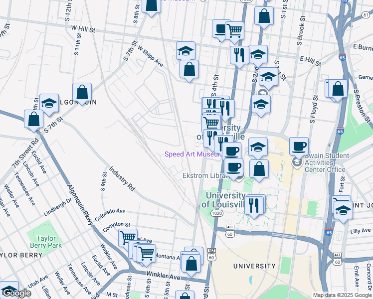 map of restaurants, bars, coffee shops, grocery stores, and more near 405 Industry Road in Louisville