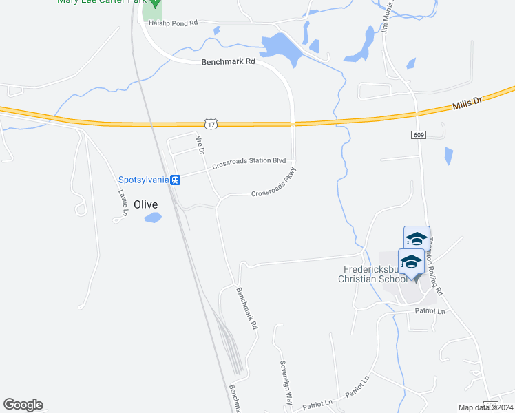 map of restaurants, bars, coffee shops, grocery stores, and more near 9467 Crossroads Parkway in Fredericksburg