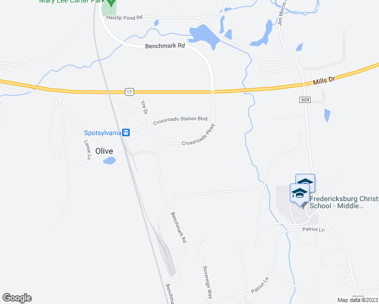 map of restaurants, bars, coffee shops, grocery stores, and more near 9477 Crossroads Parkway in Fredericksburg