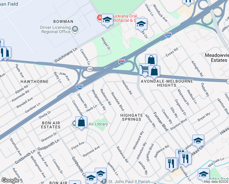 map of restaurants, bars, coffee shops, grocery stores, and more near 3020 Rosedale Boulevard in Louisville