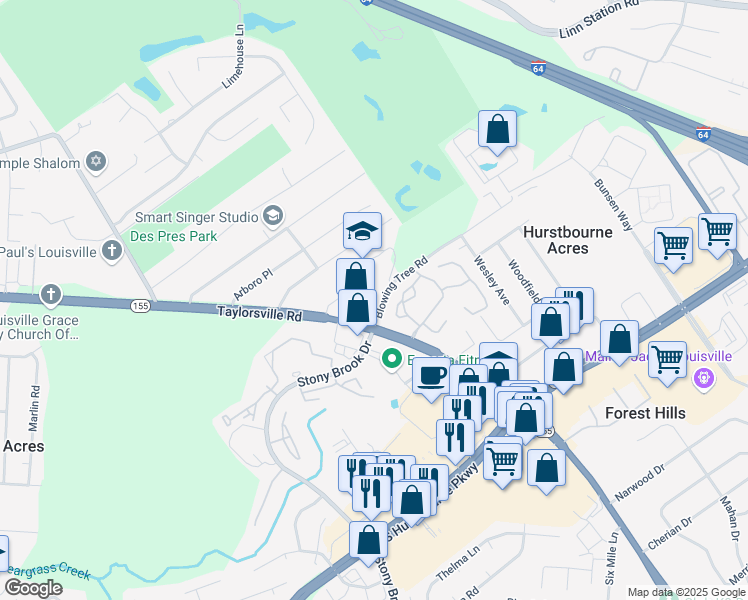 map of restaurants, bars, coffee shops, grocery stores, and more near 2000 Deercross Drive in Louisville