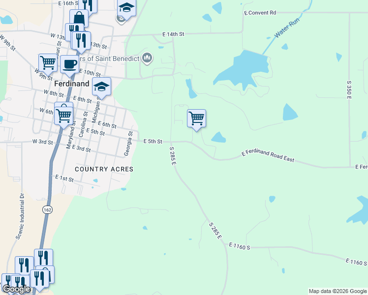 map of restaurants, bars, coffee shops, grocery stores, and more near 11012-11174 South 285 East in Ferdinand