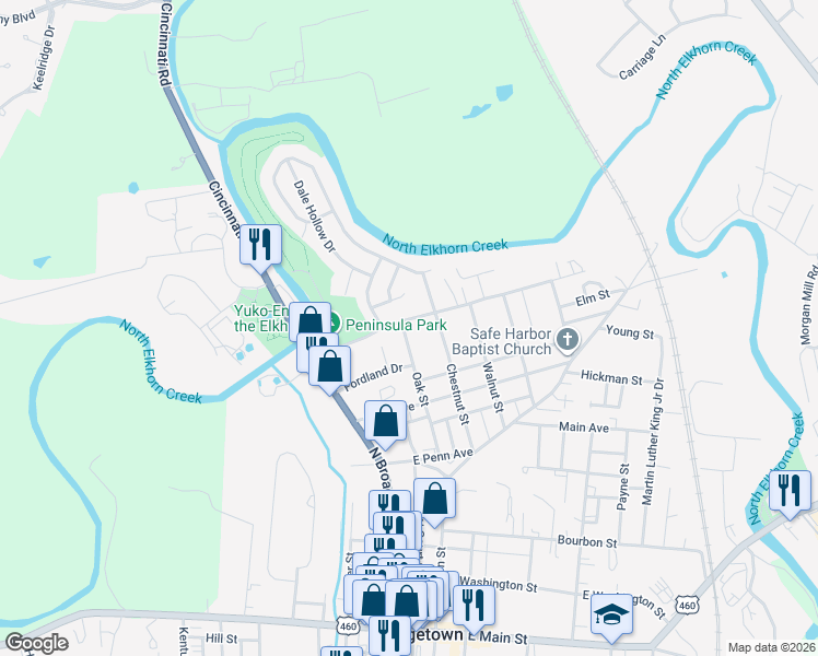 map of restaurants, bars, coffee shops, grocery stores, and more near 513 Oak Street in Georgetown
