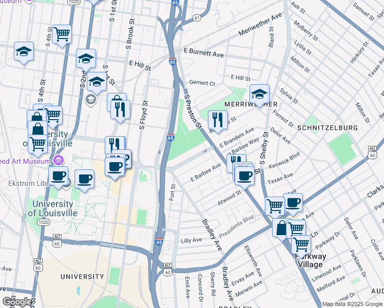 map of restaurants, bars, coffee shops, grocery stores, and more near 1808 South Preston Street in Louisville