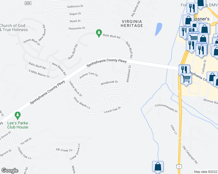 map of restaurants, bars, coffee shops, grocery stores, and more near 5219 Joshua Tree Circle in Fredericksburg