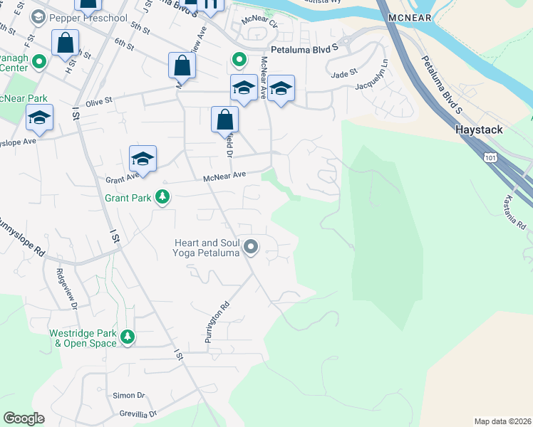 map of restaurants, bars, coffee shops, grocery stores, and more near 5 Canyon Court in Petaluma
