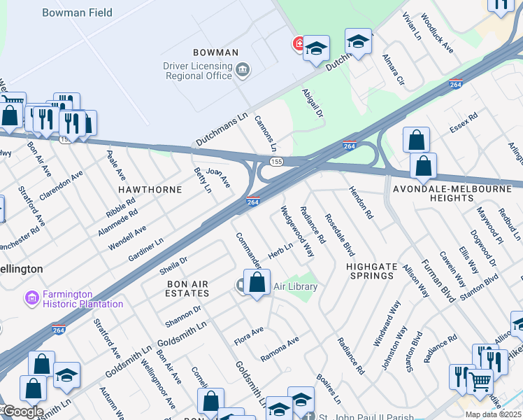 map of restaurants, bars, coffee shops, grocery stores, and more near 2816 Gardiner Lane in Louisville