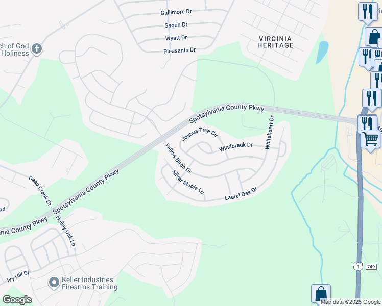 map of restaurants, bars, coffee shops, grocery stores, and more near 5403 Joshua Tree Circle in Fredericksburg