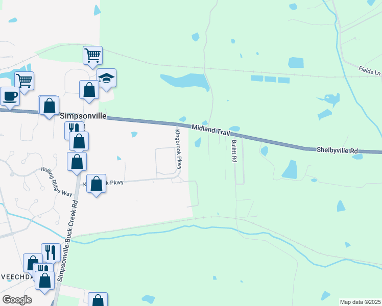 map of restaurants, bars, coffee shops, grocery stores, and more near 65 Kingbrook Parkway in Simpsonville