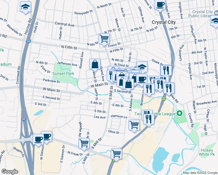 map of restaurants, bars, coffee shops, grocery stores, and more near 229 East Main Street in Festus