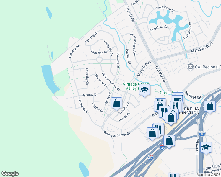 map of restaurants, bars, coffee shops, grocery stores, and more near 629 Vintage Valley Drive in Fairfield