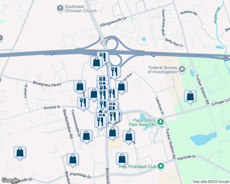 map of restaurants, bars, coffee shops, grocery stores, and more near 1650 Alliant Avenue in Louisville
